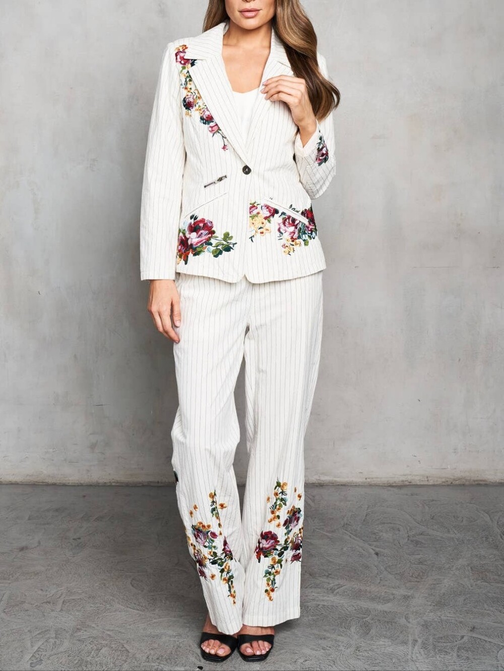 Embroidered Floral White Pinstripe Wide-Leg Pants